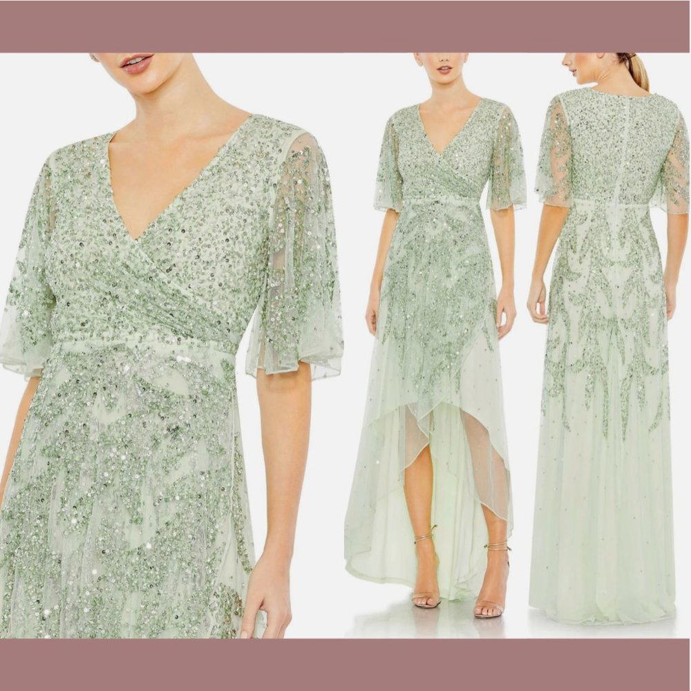NWT $498‎ Mac Duggal [ 18 ] Sequined Butterfly Sleeve High Low Gown Sage Greeen